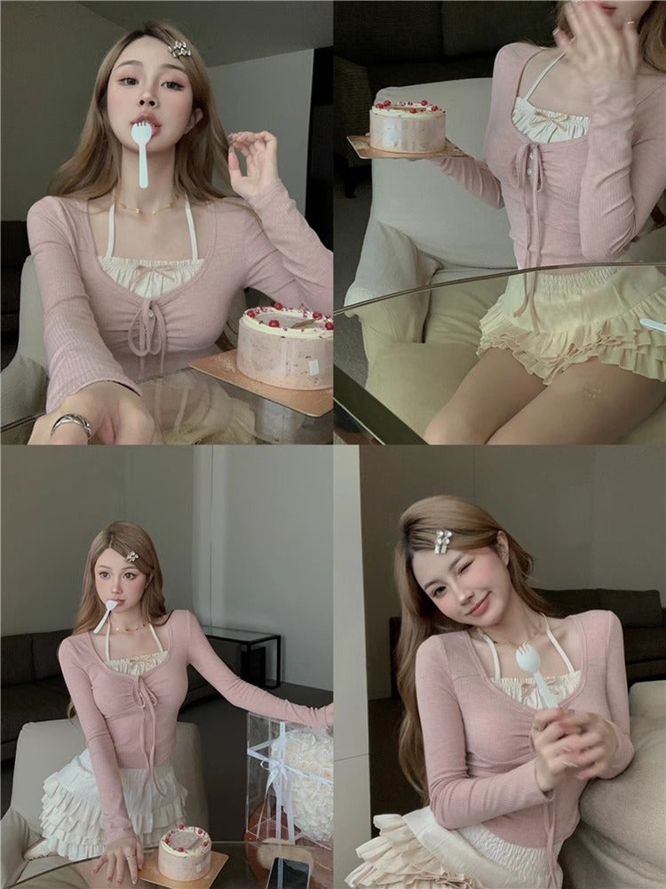 Pure Wind Sweet Spice Girl Fake Two-Piece Long-Sleeved T-Shirt Women'S Spring Neck-Hanging Pink Slim-Fit Sunscreen Short Chic Top - Image 5