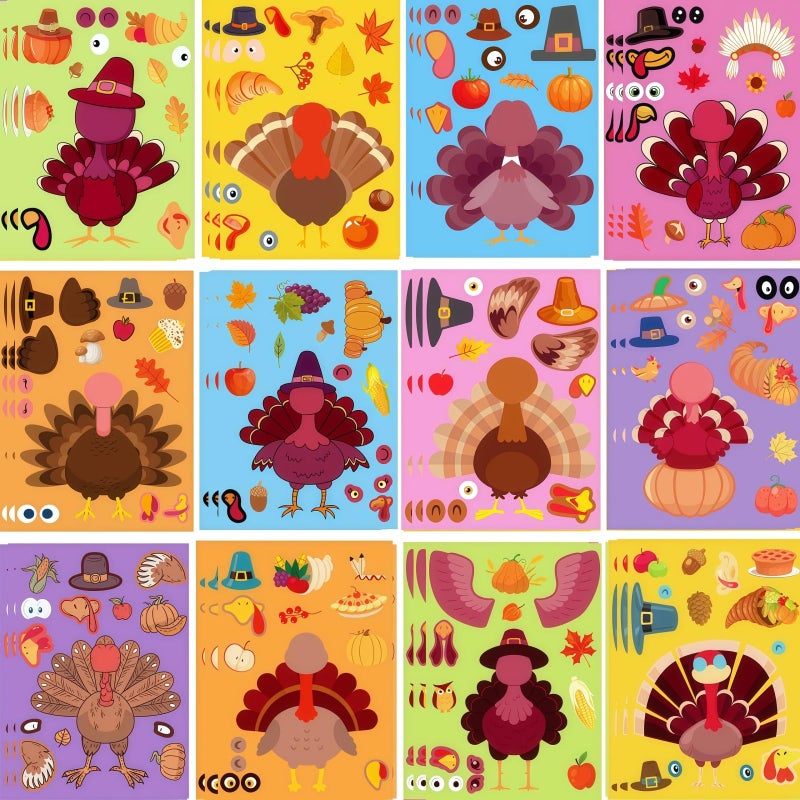 UDTAATO 36 Sheets Large Size Thanksgiving Stickers12 Different Designs Thanksgiving Crafts for Kids Make Your Own Turkey Stickers for Kids DIY Turkey Games Fall Party Favors Supplies59in83in - Image 2