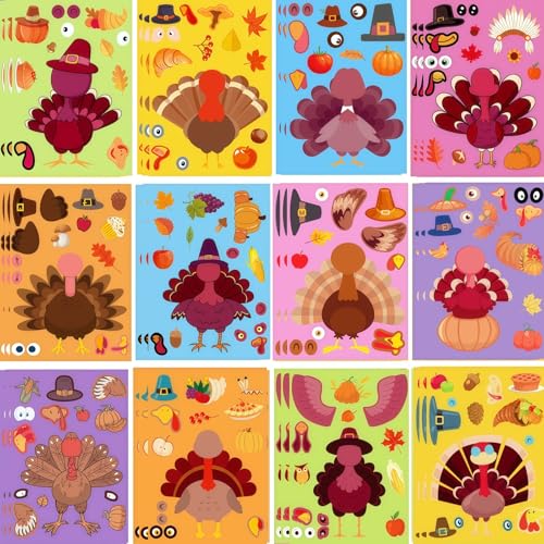 UDTAATO 36 Sheets Large Size Thanksgiving Stickers12 Different Designs Thanksgiving Crafts for Kids Make Your Own Turkey Stickers for Kids DIY Turkey Games Fall Party Favors Supplies59in83in - Image 1