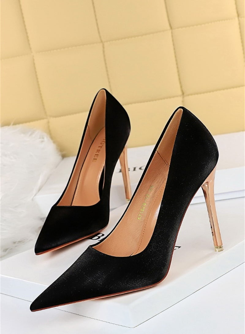 BIGTREE 10.5cm European And American Fine Satin Shallow Mouth Pointed High Heels Women's Single Shoes Black - Image 1