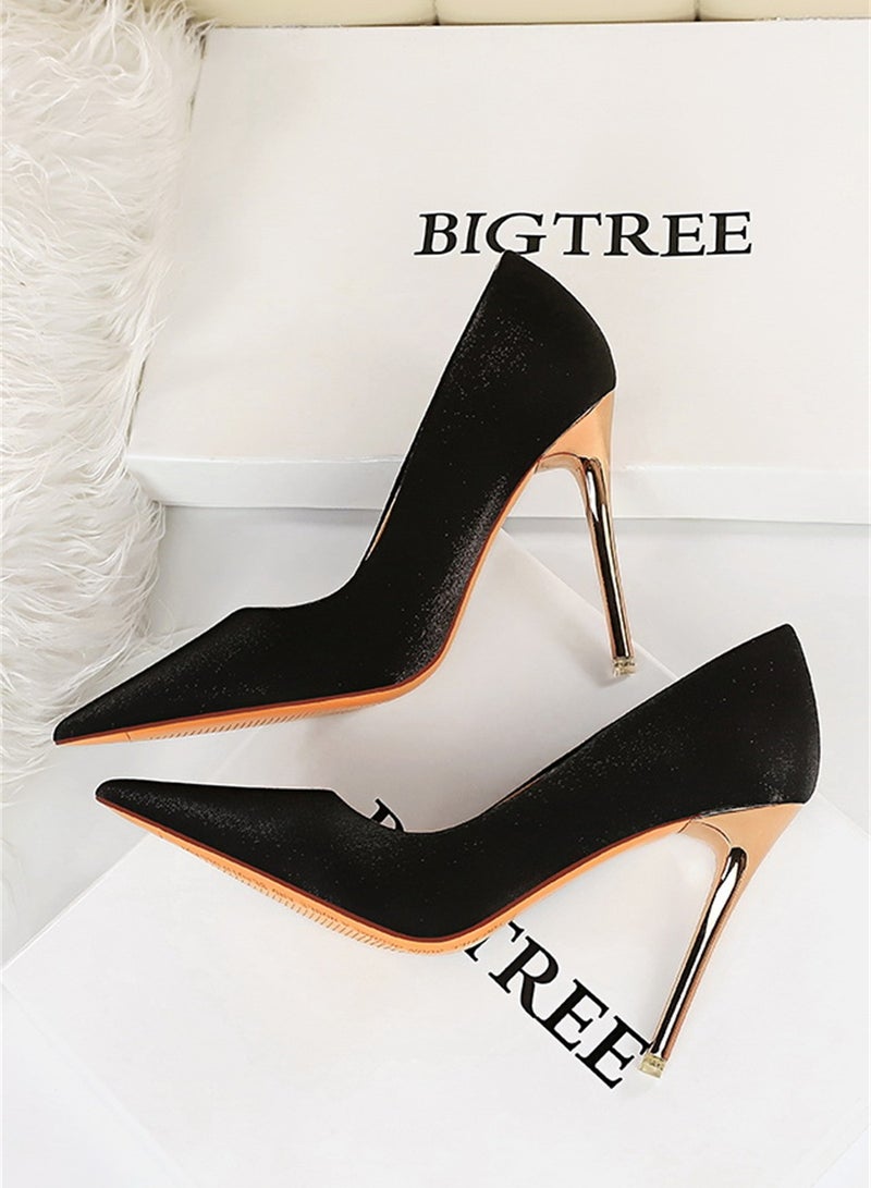 BIGTREE 10.5cm European And American Fine Satin Shallow Mouth Pointed High Heels Women's Single Shoes Black - Image 2
