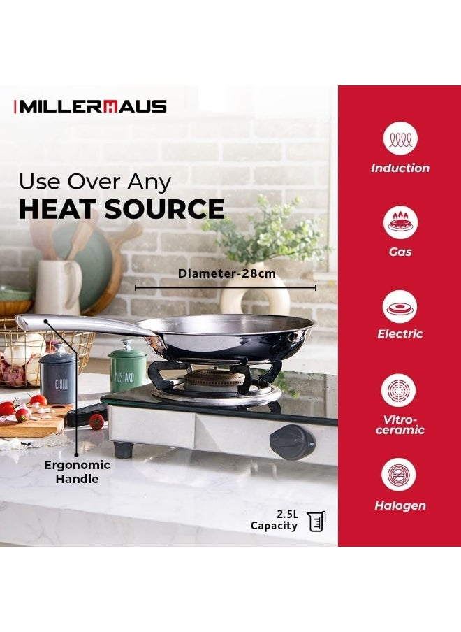 MILLERHAUS Millerhaus Tri-Ply Frypan 28cm Stainless Steel, 18/10 Frying Pan, PFOA Free Dishwasher Safe Skillet, Stainless Steel Handle Cookware - Silver  - Image 3