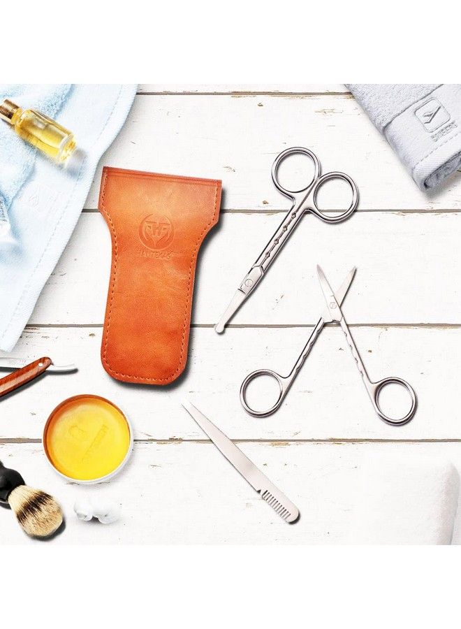HANTEKAS Professional Stainless Steel Curved And Rounded Facial Hair Scissors Tweezers Set For Men Moustache Nose Hair Beard Trimming Scissorssafety Use For Eyebrowseyelashesear Hair Pu Leather Bag - Image 3