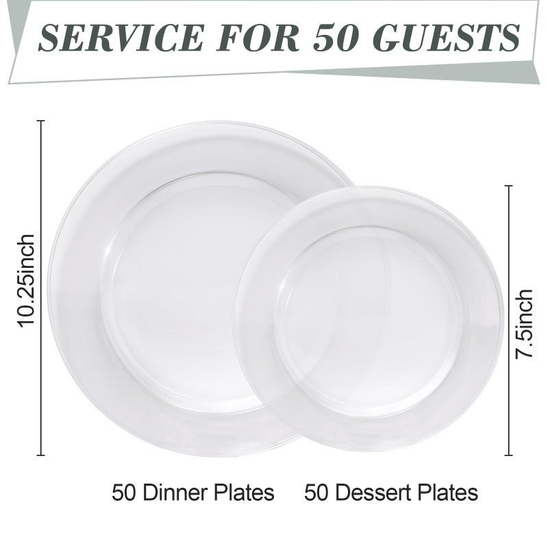 Bestluck 100PCS Clear Plastic Plates, Clear Disposable Plates for 50 Guests, 50 Dinner Plates 10.25 inch & 50 Dessert Plates 7.5 inch for Party, Graduation, Wedding - Image 2