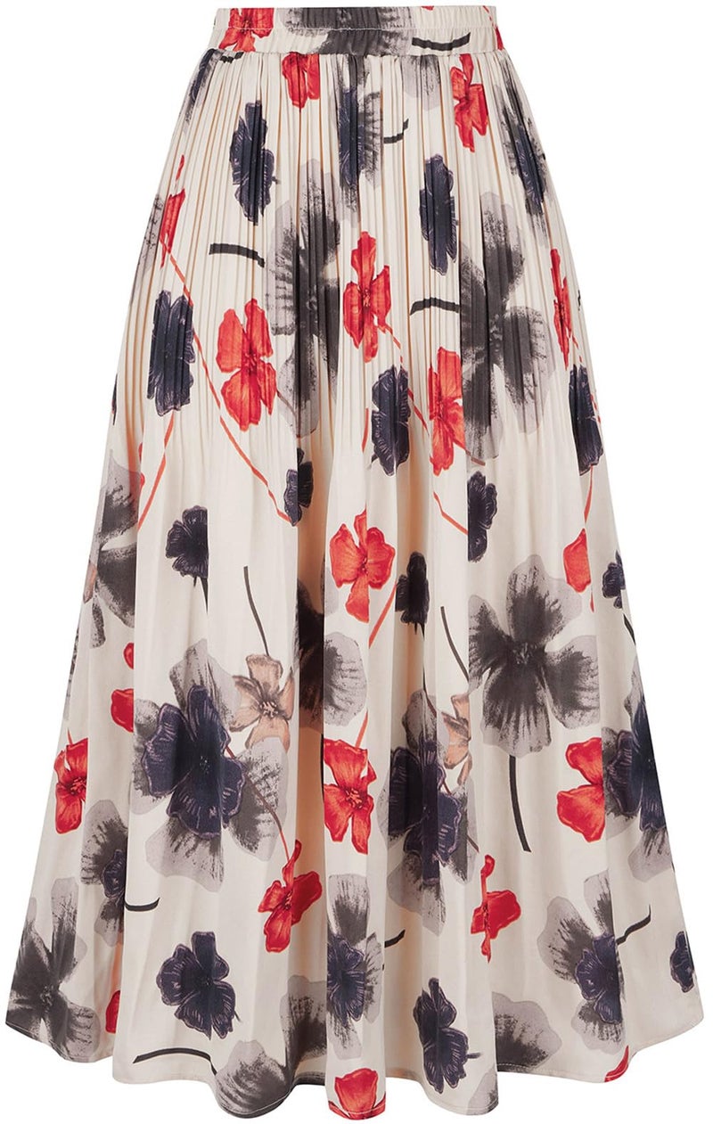 Basoteeuo Pleated Skirts for Women Chiffon Midi Length Trendy Summer High Waisted A Line Long Skirt Floral Red XS - Image 1