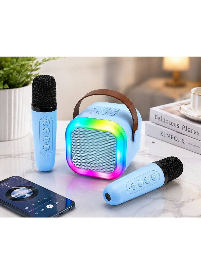 Mini Karaoke Speaker System, 2 Wireless Mics, Bluetooth Portable Party Audio with LED Lights, Perfect Gift for Kids (Sky Blue) - Image 1