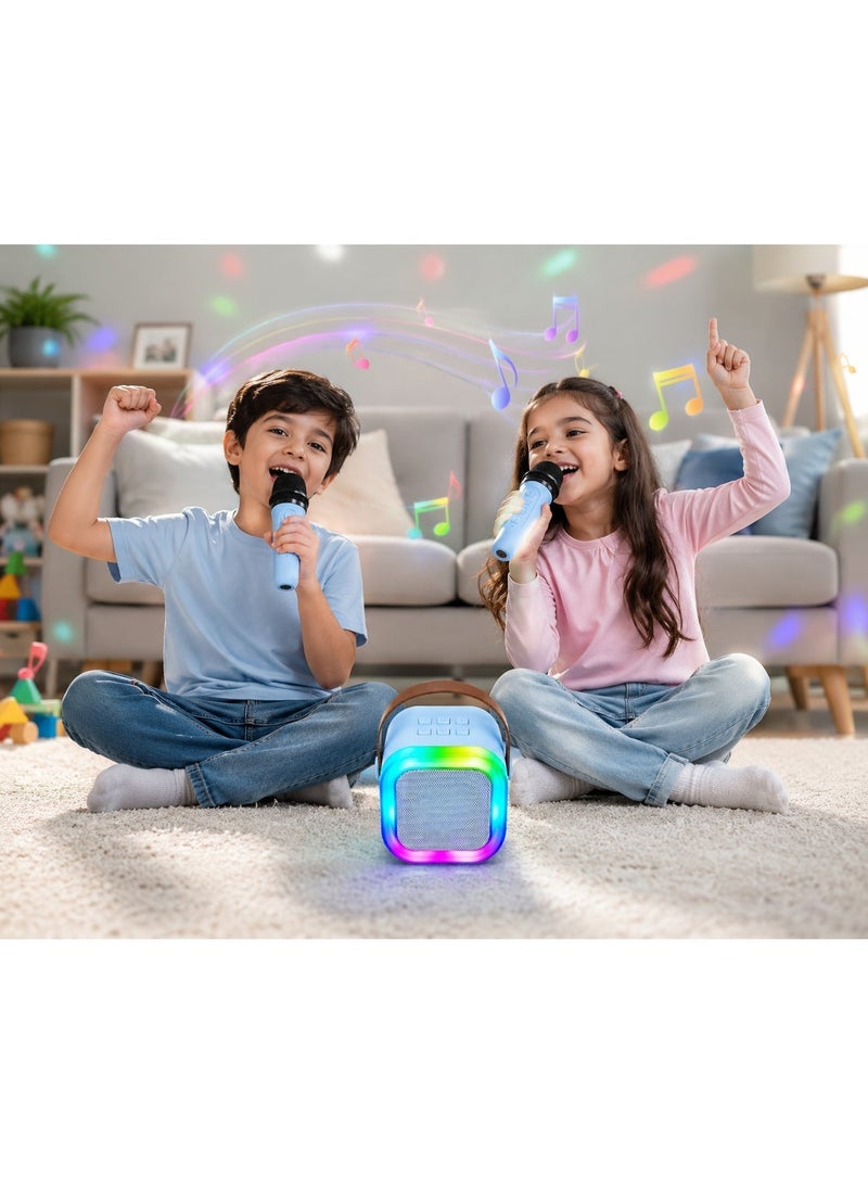 Mini Karaoke Speaker System, 2 Wireless Mics, Bluetooth Portable Party Audio with LED Lights, Perfect Gift for Kids (Sky Blue) - Image 2