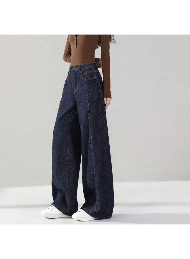 Yanyee Fashion Versatile Cotton Blend Denim Jeans For Women Autumn Winter Simple Commuter Slim Wide-leg Pants Dark Blue L - Image 1