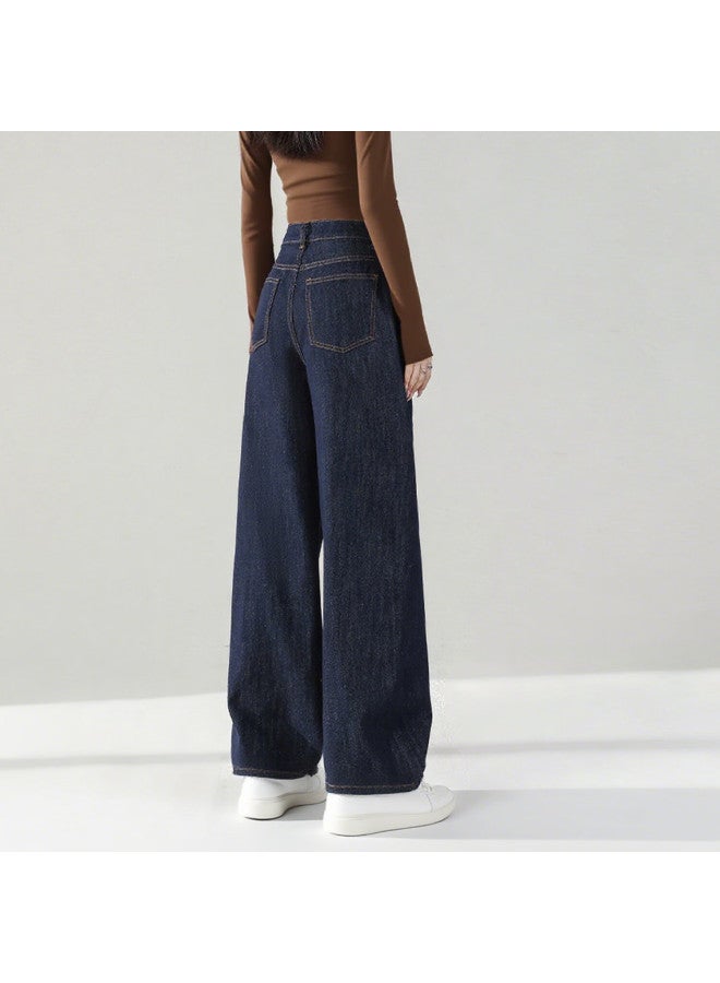 Yanyee Fashion Versatile Cotton Blend Denim Jeans For Women Autumn Winter Simple Commuter Slim Wide-leg Pants Dark Blue L - Image 2