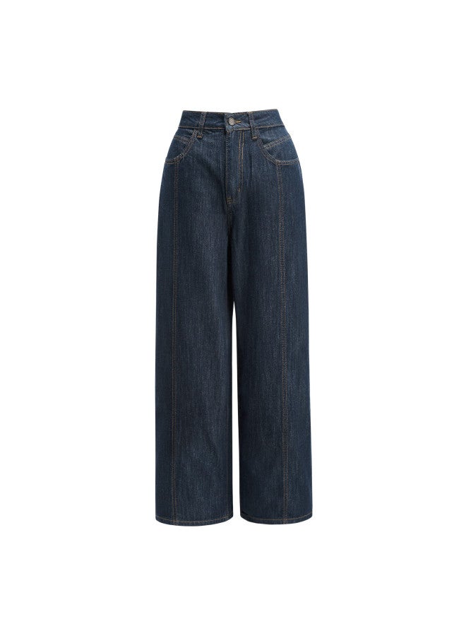 Yanyee Fashion Versatile Cotton Blend Denim Jeans For Women Autumn Winter Simple Commuter Slim Wide-leg Pants Dark Blue L - Image 3