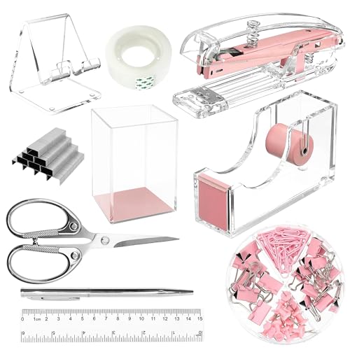 DRQ Pink Desk Organizers and Accessories Office Supplies, 10Pcs Set for Office with Stapler, Tape Dispenser, Pens, Pen Holder, Phone Holder, Tape, Ruler, 1 Box Staple, Scissors and 1 Box of Clip - Image 1