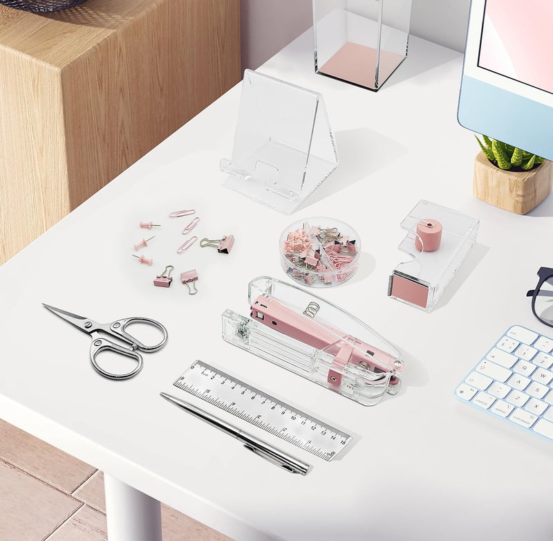 DRQ Pink Desk Organizers and Accessories Office Supplies, 10Pcs Set for Office with Stapler, Tape Dispenser, Pens, Pen Holder, Phone Holder, Tape, Ruler, 1 Box Staple, Scissors and 1 Box of Clip - Image 2