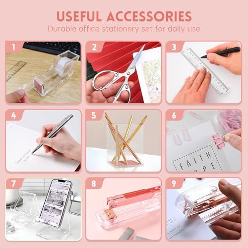 DRQ Pink Desk Organizers and Accessories Office Supplies, 10Pcs Set for Office with Stapler, Tape Dispenser, Pens, Pen Holder, Phone Holder, Tape, Ruler, 1 Box Staple, Scissors and 1 Box of Clip - Image 4