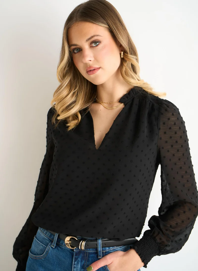 Gini London  Black Dobby Chiffon Frill Neck Blouse for Women | Best Price UAE