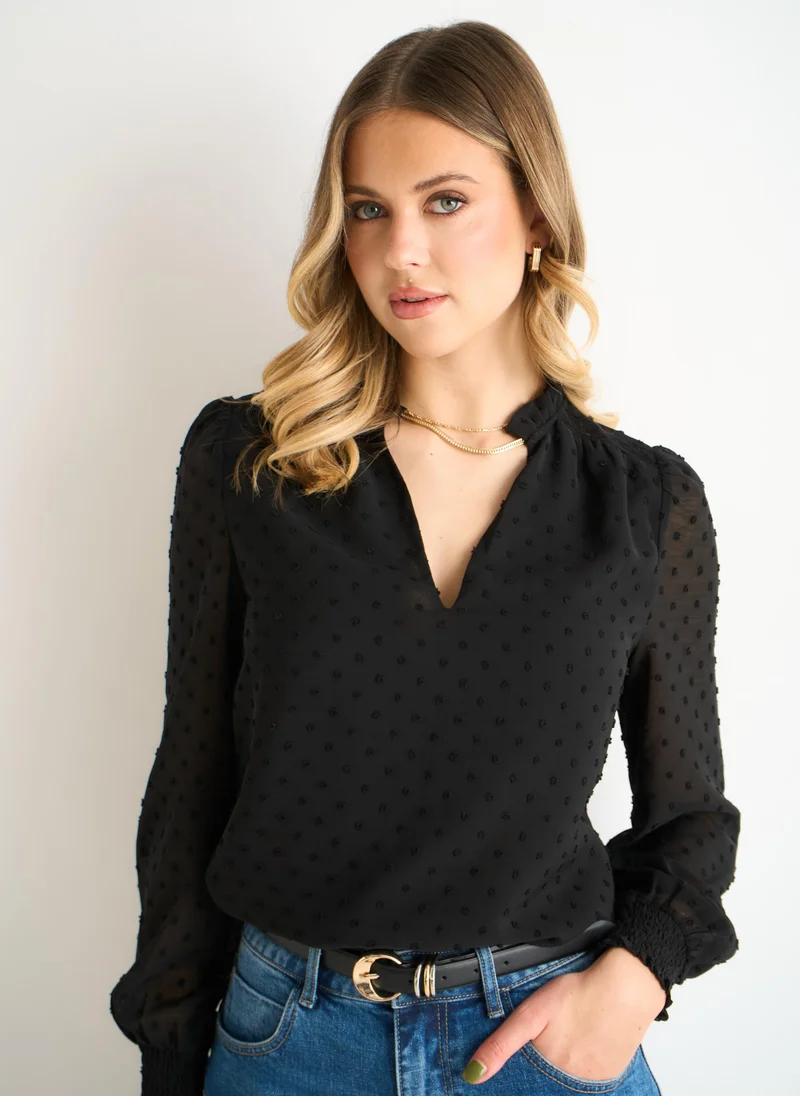 Gini London  Black Dobby Chiffon Frill Neck Blouse for Women | Best Price UAE