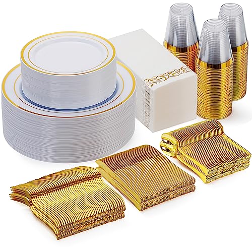 Goodluck 350 Piece Gold Dinnerware Set for 50 Guests Plastic Plates Disposable for Party Include 50 Gold Rim Dinner Plates 50 Dessert Plates 50 Paper Napkins 50 Cups 50 Gold Silverware Set