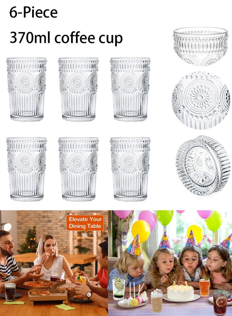 HAOHAN 6 Piece Glass Coffee Cup 370ml - Insulated Clear Coffee Cup 6 Piece Set, Perfect For Espresso, Cappuccino, Latte, Americano, Tea Bags, Drinks, Clear Embossed Teacups, Glass Coffee Cup Set, Perfect for Christmas and Thanksgiving Gifts - Image 1