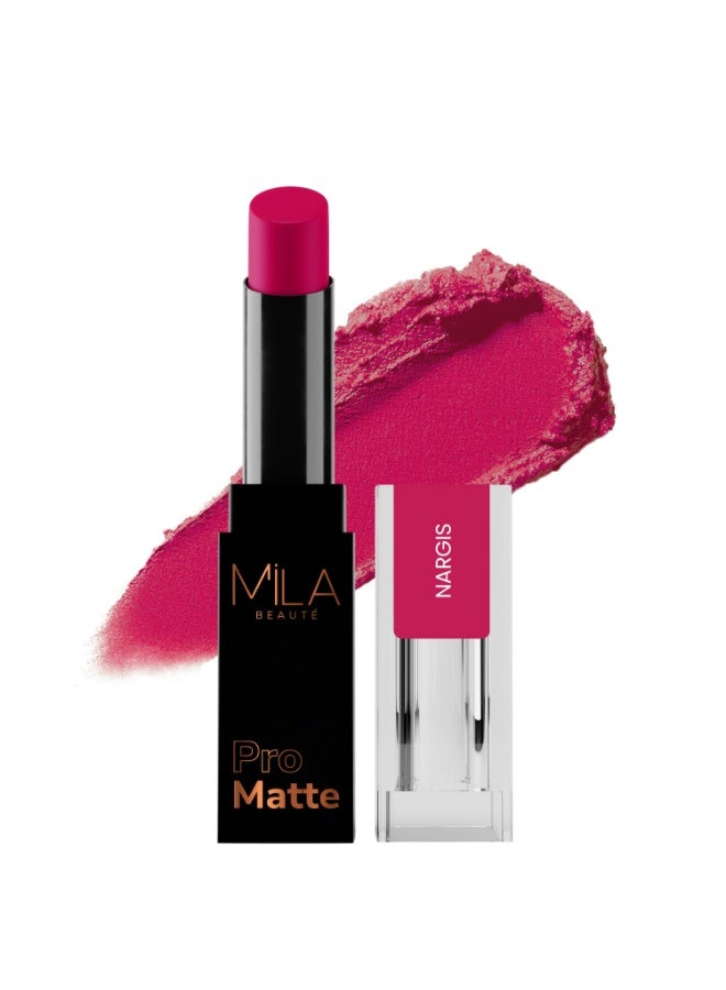ميلا بيوتي أحمر الشفاه "ميلا بوتيه برو مات" (Mila Beauté Pro Matte) | لون غني وعالي التركيز يدوم طويلاً | لمسة نهائية شبه مطفية | تركيبة خفيفة الوزن | تغطية كاملة بمسحة واحدة | لون شفاه فاخر | الدرجة - (نرجس، 4.2 جم) - Image 1