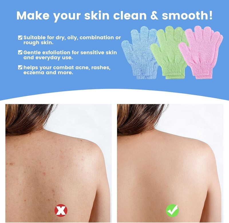 HZYH 6 Pcs Bamboo Exfoliating Gloves, Shower and Bath Body Exfoliator Mitts, Scrubs Away Ingrown Hair and Dead Skin Cells, Ideal for Spa, Massage and Daily Skincare, Green Blue Pink - Image 4