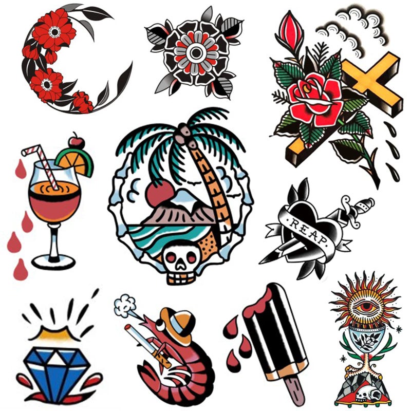 PUSNMI PUSNMI Vintage Temporary Tattoo for Men Women Cool Skull Tattoo Beach Rose Flower Tattoos Cross Sun Traditional Tattoo Long Lasting Fake Tattoos Face Temporary Tattoos for Arm Leg Wrist Chest