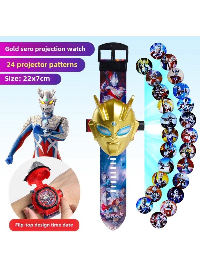 Ultraman Projection Watch Degas Children's Edition Electronic Cello Belia Luminous Boys Kindergarten Children's Day Toy-Color:Gold Saero Projection Watch (24 Pictures Can Tell The Time)-Specifications:Opp Bag  - Image 1