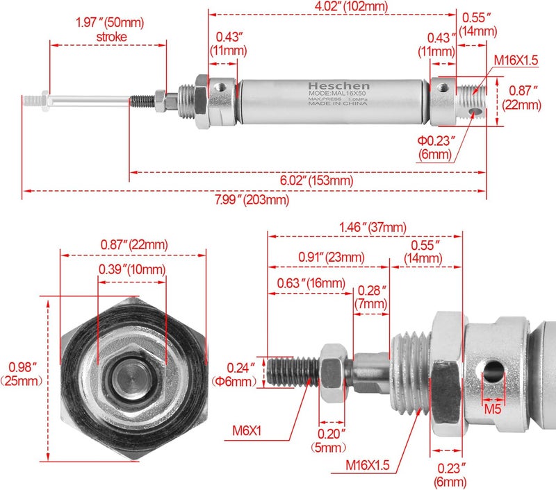 Heschen Pneumatic Slim Air Cylinder, MAL 16-50, M5 Port, 16mm Bore, 50mm Stroke, Double Acting - Image 2