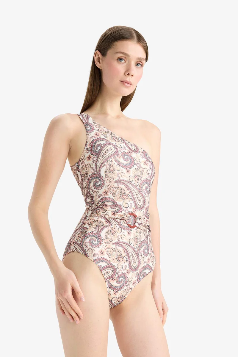 ديفاكتو Fall in Love One Shoulder Shawl Patterned Swimsuit
