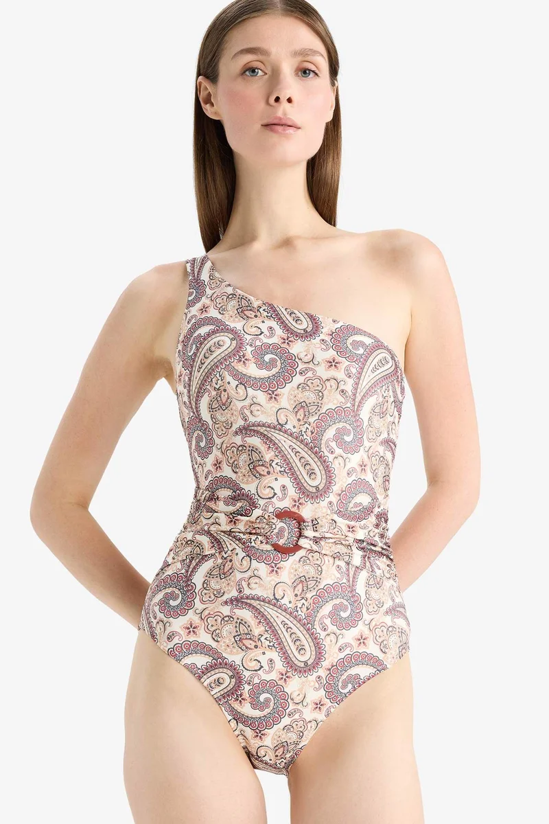 ديفاكتو Fall in Love One Shoulder Shawl Patterned Swimsuit