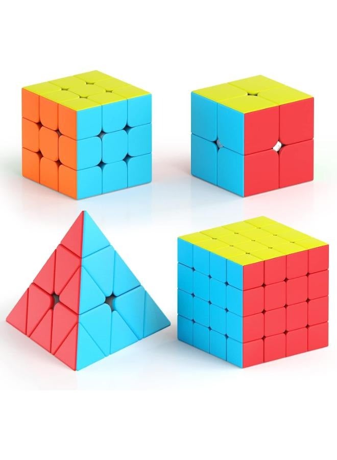 مجموعة مكعبات السرعة 4 قطع، مجموعة مكعبات أحجية مكونة من 2 × 2 3 × 3 4 × 4 مكعب سرعة بدون ملصقات هرمية، ألعاب مكعبات سحرية ناعمة هدية للأطفال والمراهقين والبالغين - Image 1