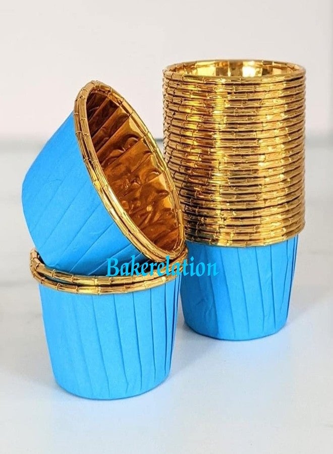 Bakerelation 100 Pcs Foil Paper Cake Baking Cups Cupcake Liners Muffin Liners Cupcake Holder Cupcake Baking Liners Cups Holder Disposable Mold (Blue Golden)