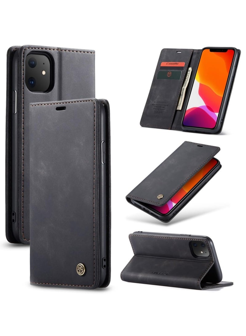 CaseMe Phone Case Luxury PU Leather Design 013 Flip Cover Card Slot Holder Cover For IPhone 11 (Black)  - Image 1