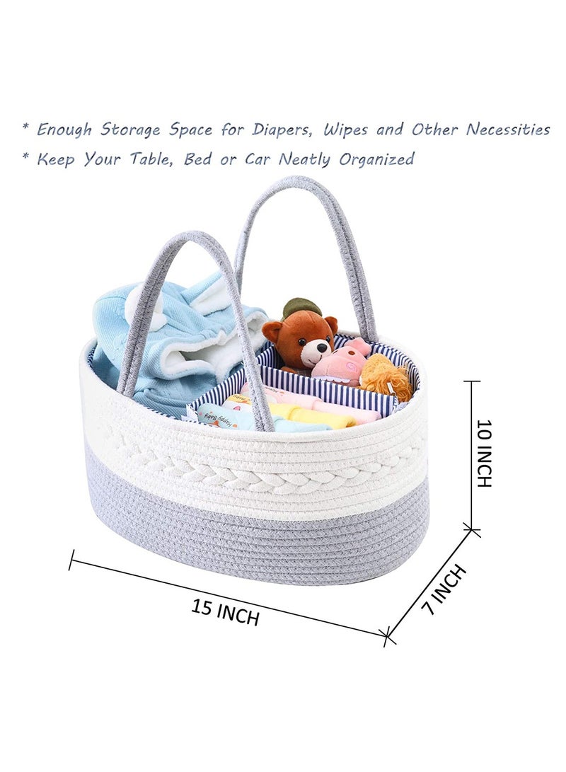 Diaper Caddy Organizer,Large Cotton Rope Nursery Baby Basket, Changing Table Organizer for Baby Diaper Storage, Foldable And Portable Storage Basket, Nursery Storage, Newborn Baby Must Have Items, Toy Books Storage Gift Basket,3 Compartments  - Image 2
