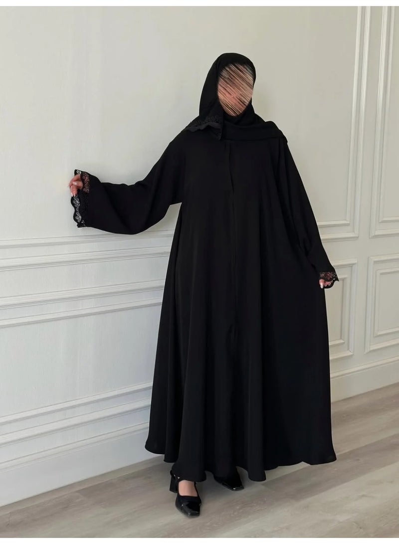 عباية ترف سوداء بقصة نص كلوش من قماش كريب ملكي مع أكمام دانتيل، - Image 2