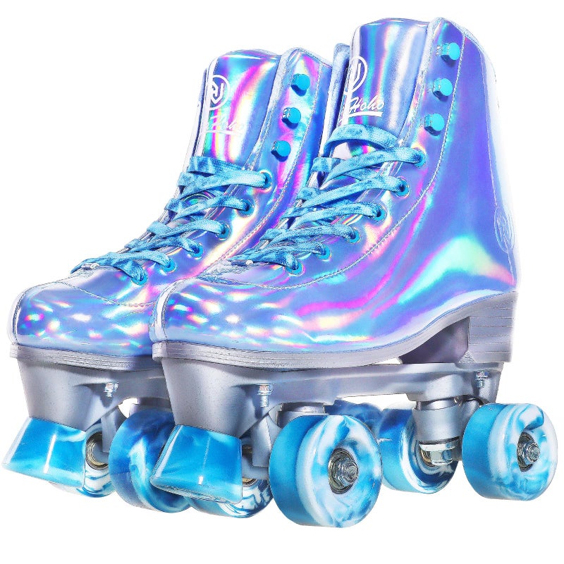 JajaHoho Roller Skates for Women Shiny Holographic High Top Rollerskates Mixture Color DoubleRow Four Colour Frozen Wheels Quad Skates for Girls Age 851 Indoor Outdoor Very Peri Blue Size 5