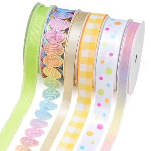 LaRibbons Easter Ribbons for Crafts, 6 Rolls Spring Decorative Ribbons,5 Yards Each, Pastel & Easter Egg Designs for Gift Wrapping, Wreaths & DIY Crafts - Image 1