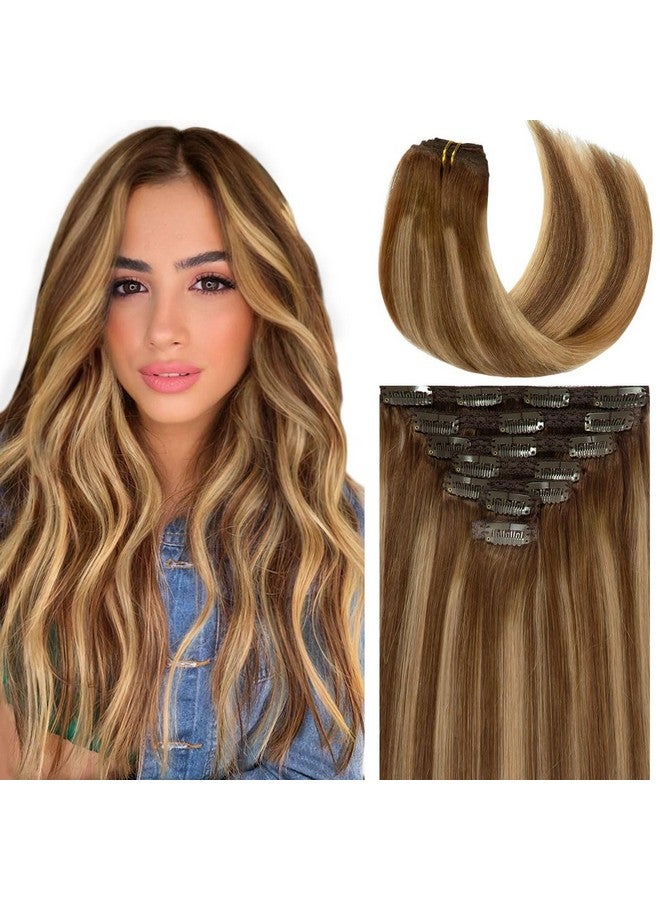 Caliee Real Hair Extension Clip in Human Hair Extensions for Full Head R4-4/27 Balayage Natural Straight Hair Extensions for Women 16inch 120g 7Pcs - Image 1