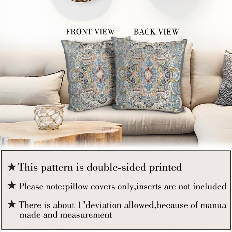 BUAEL Boho Floral Throw Pillow Covers 20x20 inch Set of 2,Blue Boho Rug Geometric Floral Pattern Decor Double Sided Pattern Cushion Cover Soft Pillow Case Living Sofa Room Bed Square Pillow Cover - Image 3