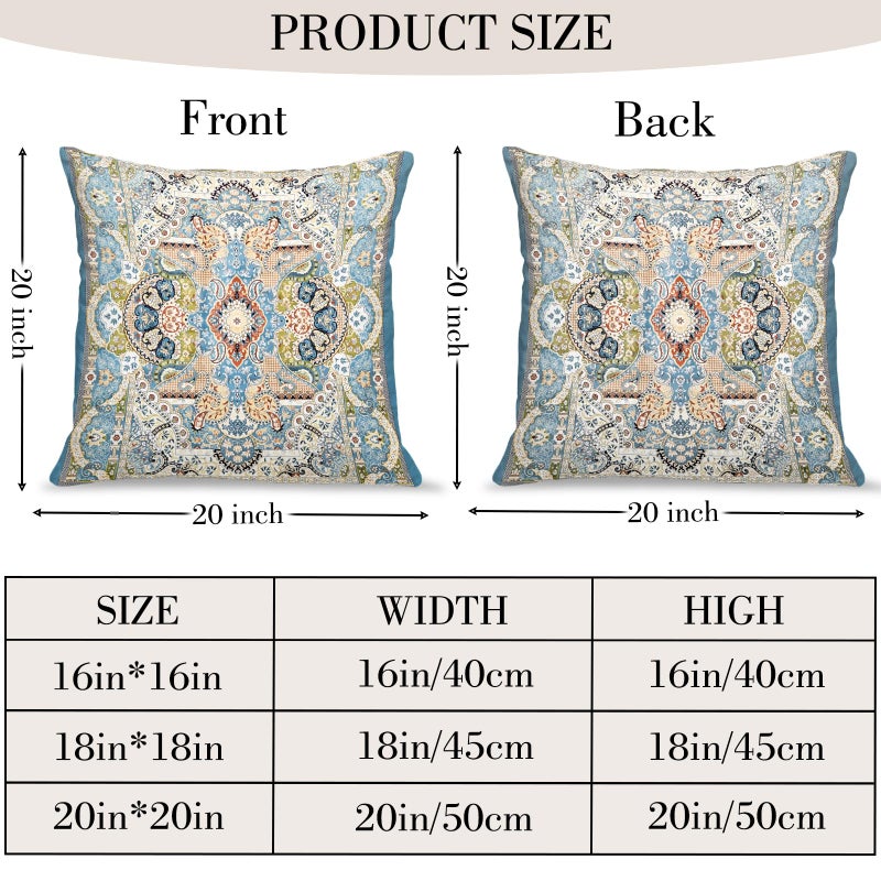 BUAEL Boho Floral Throw Pillow Covers 20x20 inch Set of 2,Blue Boho Rug Geometric Floral Pattern Decor Double Sided Pattern Cushion Cover Soft Pillow Case Living Sofa Room Bed Square Pillow Cover - Image 2