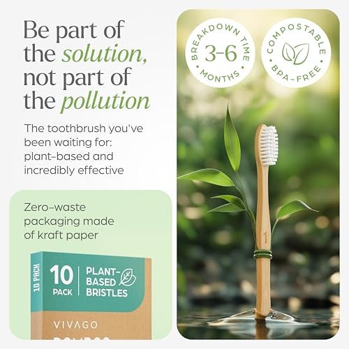 VIVAGO Bamboo Toothbrushes 10 Pack – Natural Toothbrushes, Plant-Based Soft Bristles – Eco-Friendly Wooden Toothbrush - Image 3