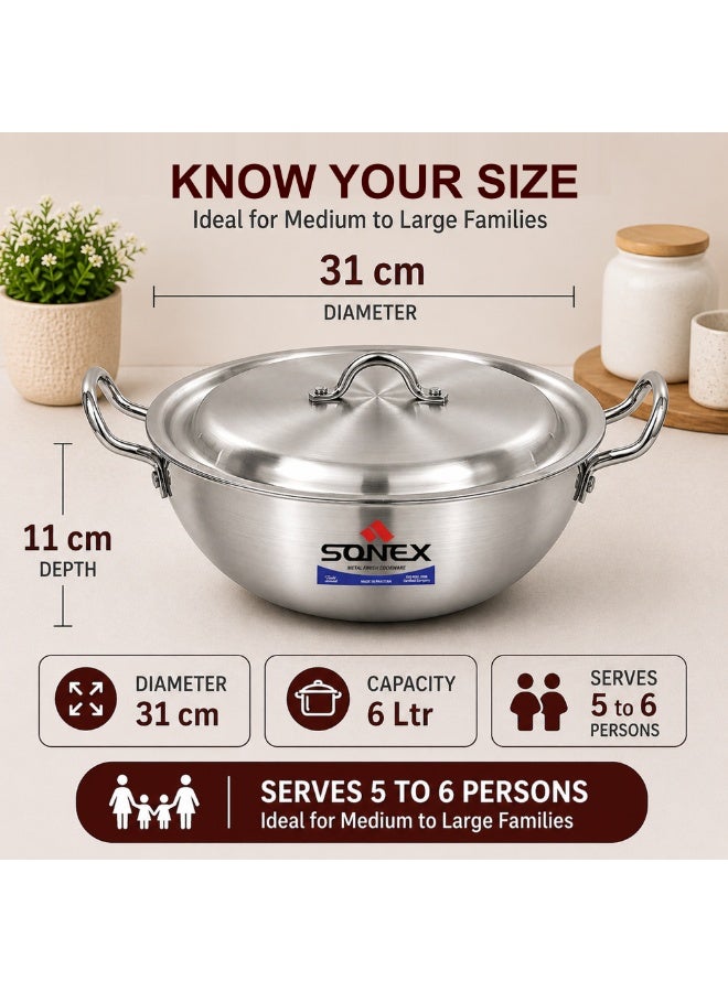 SONEX Traditional Aluminium Karahi / Kadai Wok 31 cm (6L), Deep Cooking Pot, Heavy Duty, Even Heat, Ideal for Curry, Frying & Biryani, Serves 5–6 Persons, Gas Stove - Image 2