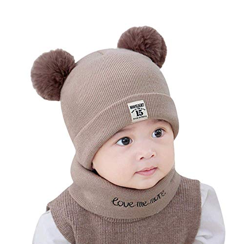 Krystle Baby Knit Hat Scarf Set Toddler Girls Boys Winter Pom Pom Beanie Cap with Neck Warmer (Khaki)-(0-3 Years) - Image 1