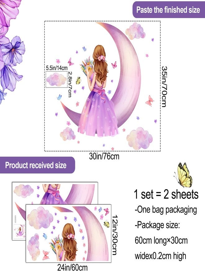 LiveGallery Removable 3D Princess Little Girl Wall Decal DIY Purple Butterfly and Moon Wall Decor Peel and Stick Clouds Wall Sticker for Kids Baby Girls Teens Nursery Bedroom Living Room Decoration (B) - Image 2