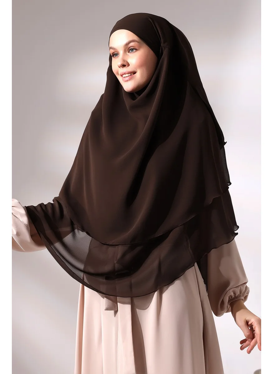 İhvan Ihvan Brown Three Layer Veiled Short Chiffon Hijab Soufflé Scarf