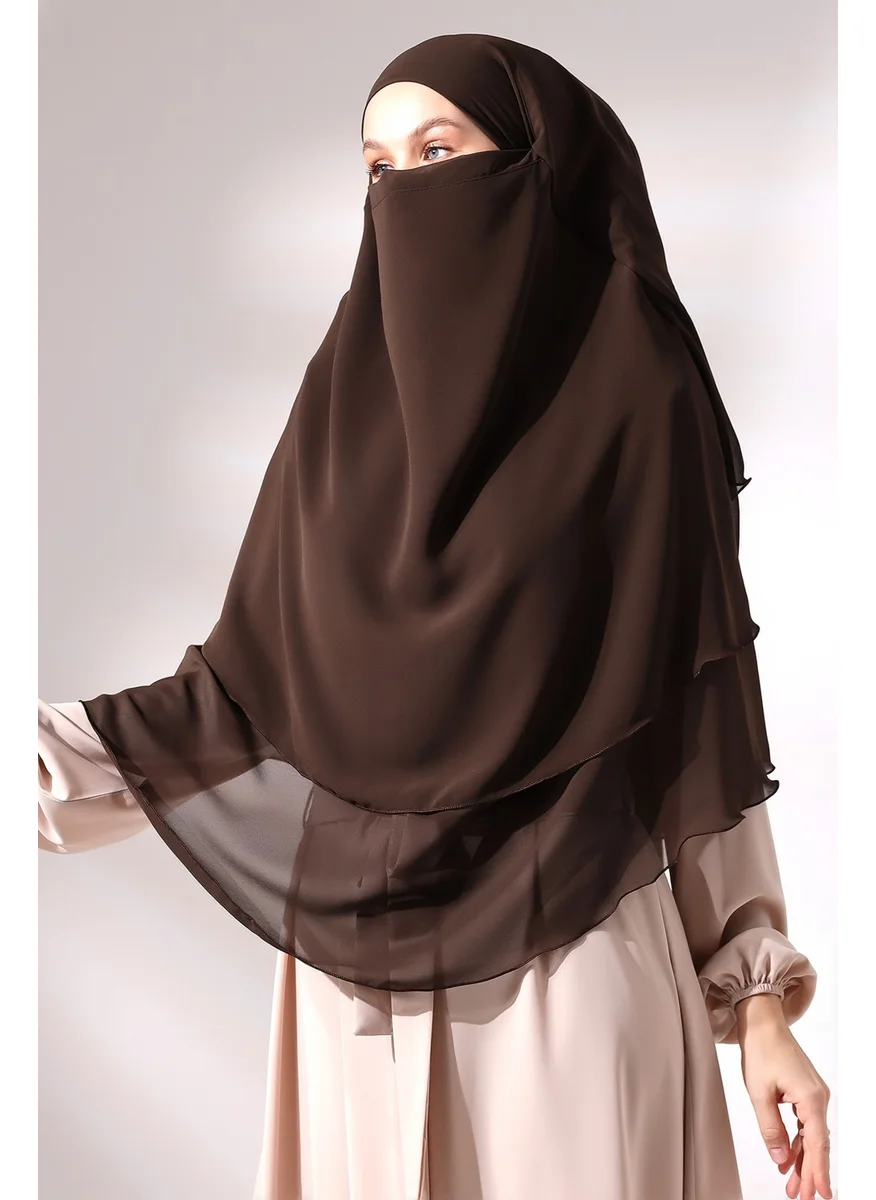 İhvan Ihvan Brown Three Layer Veiled Short Chiffon Hijab Soufflé Scarf
