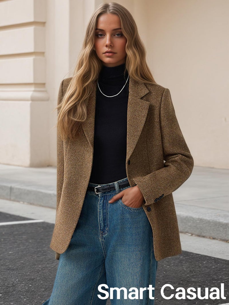 Mina Self Herringbone Tweed Wool Blazers Jacket for Women 2026 Fall Winter Womens Khaki Trendy Oversized Boyfriend Business Dressy Casual Professional Work Women's Blazers & Suit Jackets - Image 4
