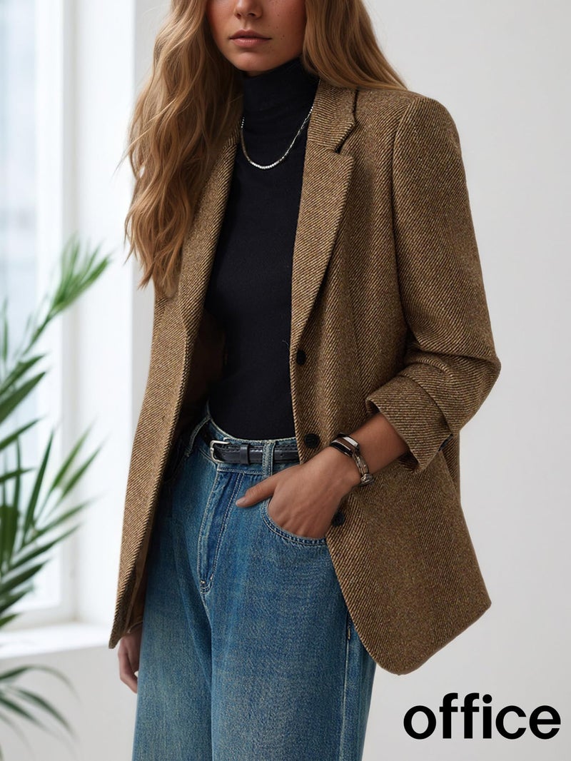 Mina Self Herringbone Tweed Wool Blazers Jacket for Women 2026 Fall Winter Womens Khaki Trendy Oversized Boyfriend Business Dressy Casual Professional Work Women's Blazers & Suit Jackets - Image 2