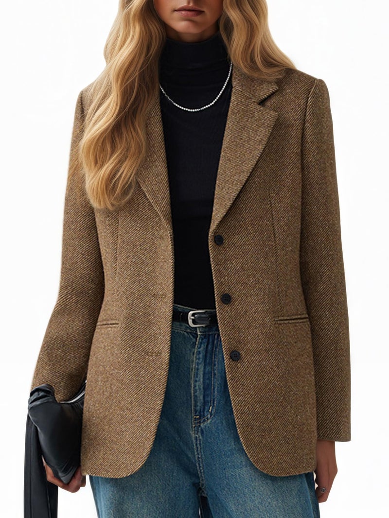 Mina Self Herringbone Tweed Wool Blazers Jacket for Women 2026 Fall Winter Womens Khaki Trendy Oversized Boyfriend Business Dressy Casual Professional Work Women's Blazers & Suit Jackets - Image 1