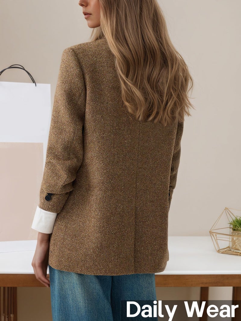 Mina Self Herringbone Tweed Wool Blazers Jacket for Women 2026 Fall Winter Womens Khaki Trendy Oversized Boyfriend Business Dressy Casual Professional Work Women's Blazers & Suit Jackets - Image 3