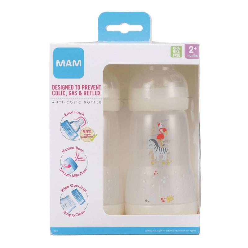 MAM Easy Start Anti-Colic Baby Bottle 9 oz, Medium Flow, Breastfeeding-Like Silicone Nipple Bottle, Reduces Colic, Gas, & Reflux, Easy-to-Clean, BPA-Free, Vented Baby Bottles for Newborns, 2+ Months - Image 2