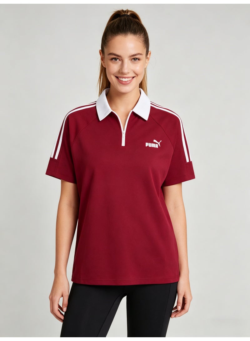 بوما PUMA Women’s Quarter-Zip 3-Stripes Polo Shirt, Burgundy Red with White Accents - Image 1